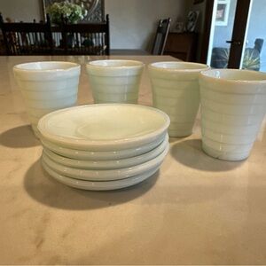 4 Akro Agate 2" Tumblers Glasses & 2-1/2” Plates 5 - White w/minor green veining